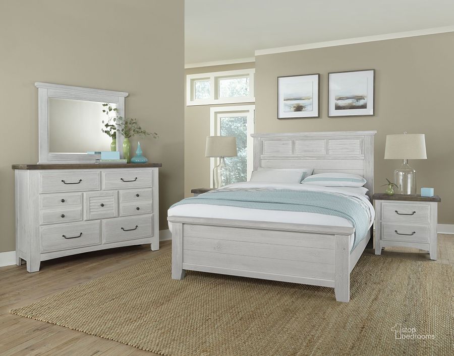 The appearance of Sawmill Alabaster Two-Tone Louver Bedroom Set designed by Vaughan Bassett in the transitional interior design. This gray piece of furniture  was selected by 1StopBedrooms from Sawmill Collection to add a touch of cosiness and style into your home. Sku: 694-559;694-955;694-922;694-226. Bed Type: Panel Bed. Product Type: Panel Bed. Bed Size: Queen. Image1