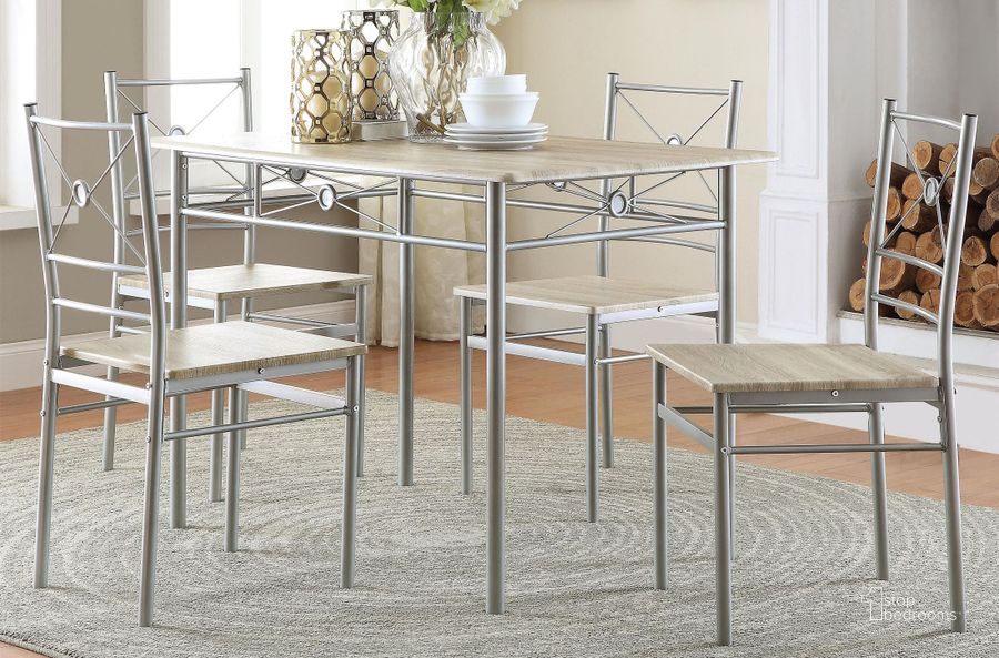 The appearance of Brushed Silver 5 Piece Dinette Set designed by Coaster in the transitional interior design. This silver piece of furniture  was selected by 1StopBedrooms from 5 Piece Dining Set Collection to add a touch of cosiness and style into your home. Sku: 100035. Material: Metal. Product Type: Dining Room Set. Image1