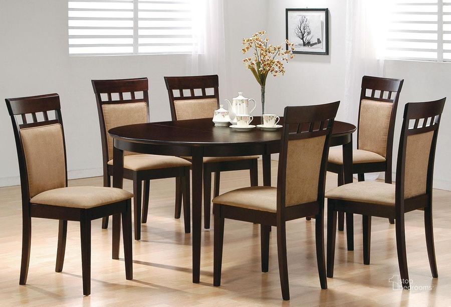 The appearance of Mix and Match Cappuccino Oval Dining Room Set designed by Coaster in the transitional interior design. This brown piece of furniture  was selected by 1StopBedrooms from Mix & Match Collection to add a touch of cosiness and style into your home. Sku: 100770;100772. Table Base Style: Legs. Table Top Shape: Oval. Material: Wood. Product Type: Dining Room Set. Image1