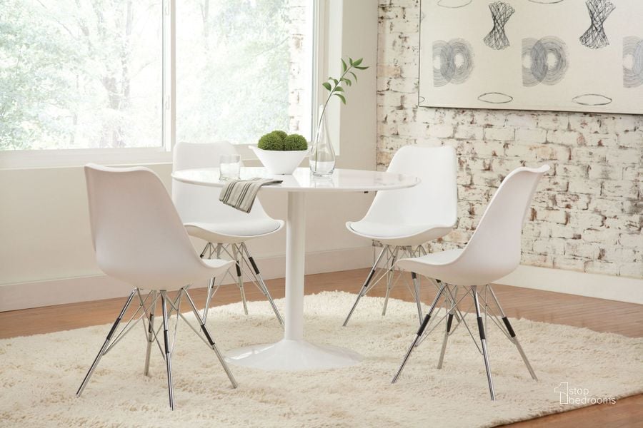 The appearance of Lowry White Dining Room Set designed by Coaster in the modern / contemporary interior design. This white piece of furniture  was selected by 1StopBedrooms from Lowry Collection to add a touch of cosiness and style into your home. Sku: 105261;102682. Table Base Style: Pedestal. Table Top Shape: Round. Material: Metal. Product Type: Dining Room Set. Image1