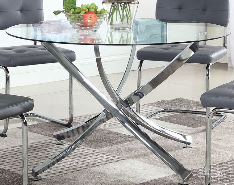 The appearance of Cudahy Polished Chrome Round Dining Table designed by Coaster in the modern / contemporary interior design. This chrome piece of furniture  was selected by 1StopBedrooms from Cudahy Collection to add a touch of cosiness and style into your home. Sku: 106440B1;106440B2. Table Base Style: Trestle. Table Top Shape: Round. Material: Glass. Product Type: Dining Table. Image1