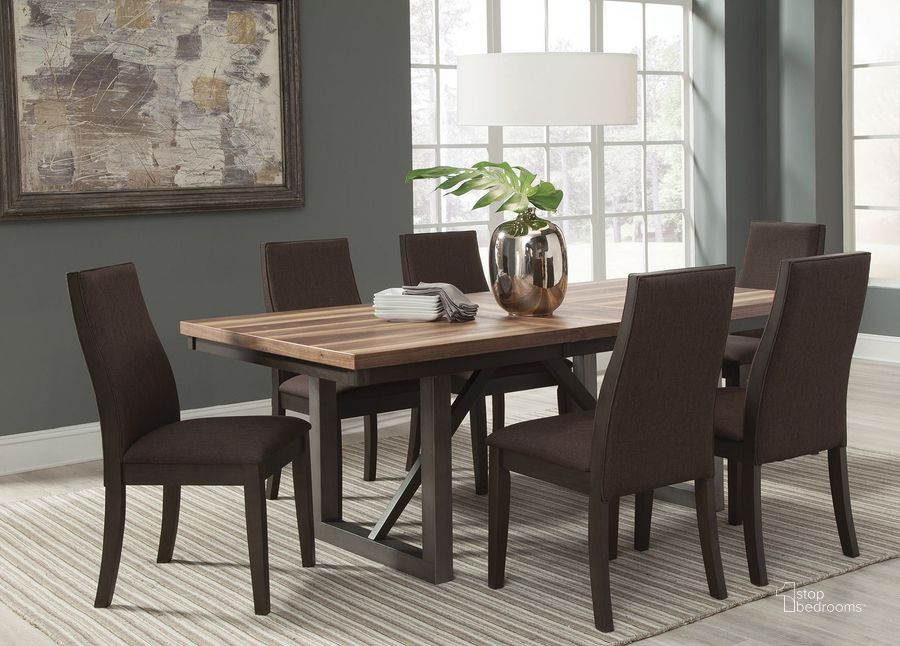 The appearance of Spring Creek Brown Espresso Extendable Dining Room Set designed by Coaster in the modern / contemporary interior design. This brown piece of furniture  was selected by 1StopBedrooms from Spring Creek Collection to add a touch of cosiness and style into your home. Sku: 106581B1;106581B2;106582. Table Base Style: Trestle. Material: Wood. Product Type: Dining Room Set. Table Top Shape: Rectangular. Image1