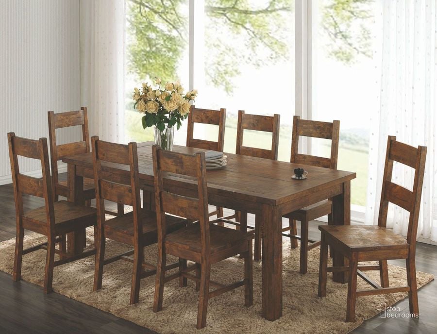 The appearance of Rustic Golden Brown Rectangular Dining Room Set designed by Coaster in the transitional interior design. This brown piece of furniture  was selected by 1StopBedrooms from Coleman Collection to add a touch of cosiness and style into your home. Sku: 107041;107042. Table Base Style: Legs. Material: Wood. Product Type: Dining Room Set. Table Top Shape: Rectangular. Image1