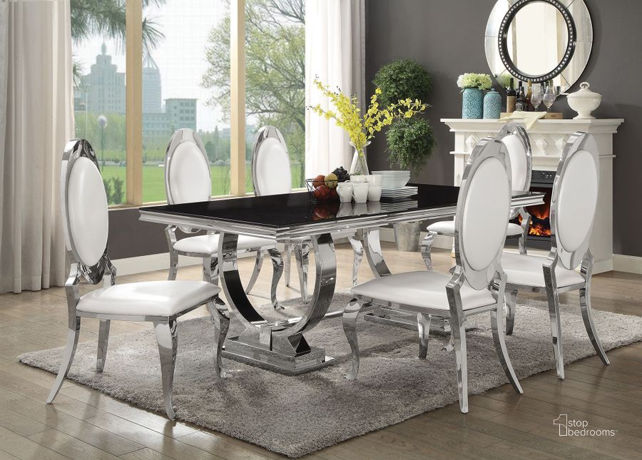 The appearance of Antoine Chrome Dining Room Set designed by Coaster in the modern / contemporary interior design. This chrome piece of furniture  was selected by 1StopBedrooms from Antoine Collection to add a touch of cosiness and style into your home. Sku: 107871B1;107871B2;107871B3;107872NB1;107872NB2. Table Base Style: Trestle. Material: Glass. Product Type: Dining Room Set. Table Top Shape: Rectangular. Image1