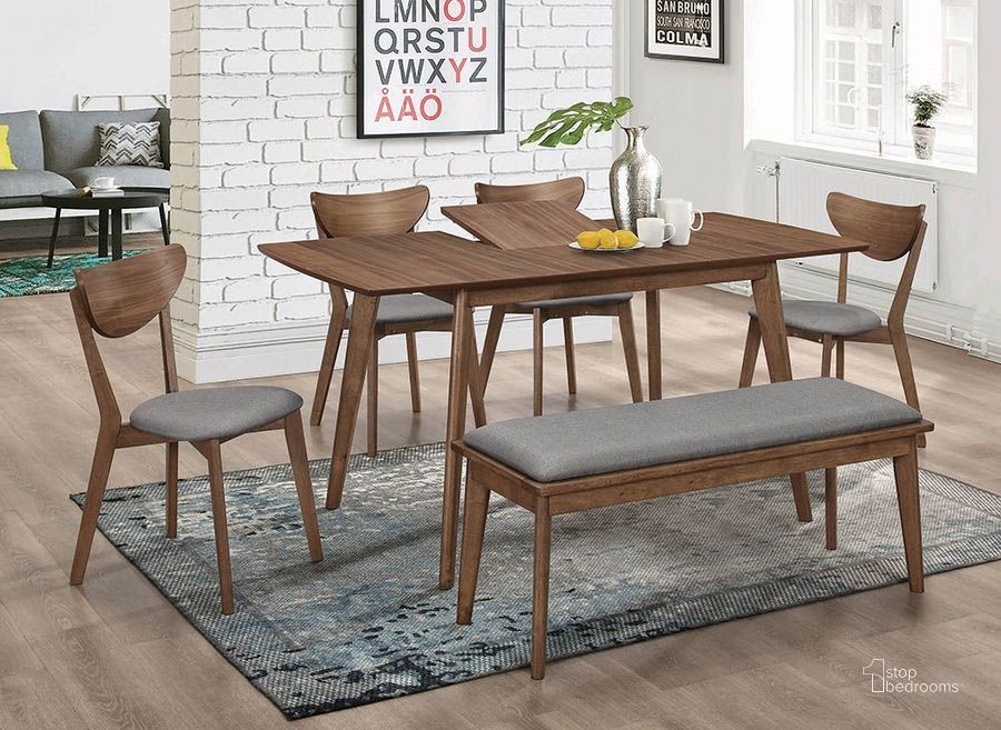 The appearance of Alfredo Natural Walnut Dining Room Set designed by Coaster in the modern / contemporary interior design. This gray piece of furniture  was selected by 1StopBedrooms from Alfredo Collection to add a touch of cosiness and style into your home. Sku: 108080;108082. Table Base Style: Legs. Material: Wood. Product Type: Dining Room Set. Table Top Shape: Rectangular. Image1
