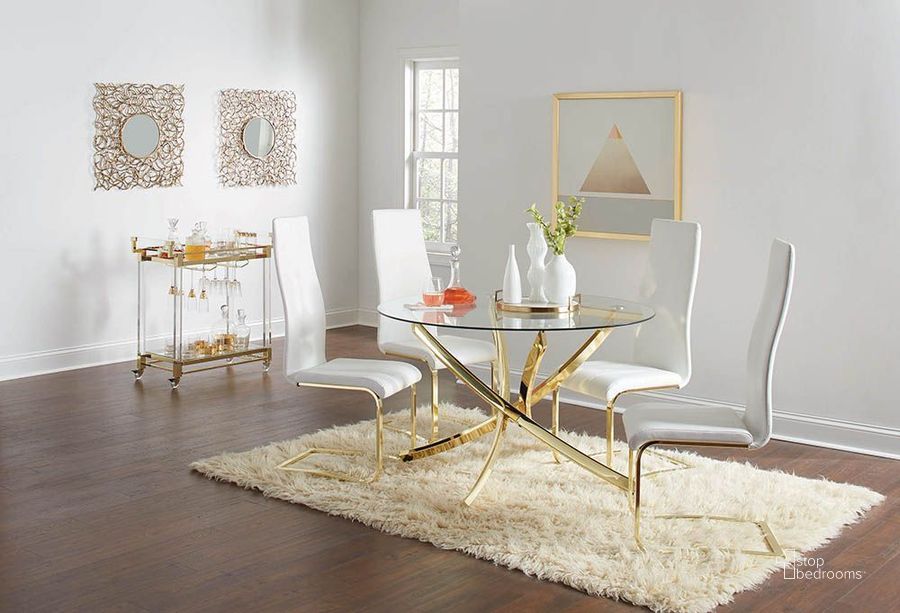 The appearance of Chanel Brass Dining Room Set designed by Coaster in the modern / contemporary interior design. This gold piece of furniture  was selected by 1StopBedrooms from Chanel Collection to add a touch of cosiness and style into your home. Sku: 108441B1;108441B2;190512. Table Base Style: Trestle. Table Top Shape: Round. Material: Metal. Product Type: Dining Room Set. Image1