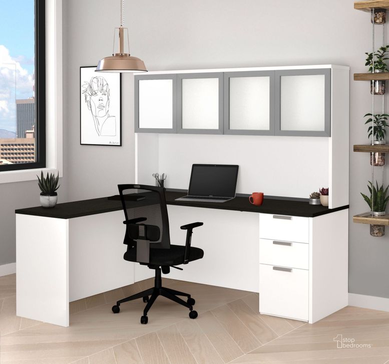 The appearance of Pro Concept Plus White and Deep Grey L Desk with Frosted Glass Hutch designed by Bestar in the modern / contemporary interior design. This white and gray piece of furniture  was selected by 1StopBedrooms from Pro Concept Plus Collection to add a touch of cosiness and style into your home. Sku: 110887-17. Material: Wood. Product Type: Desk Hutch. Image1