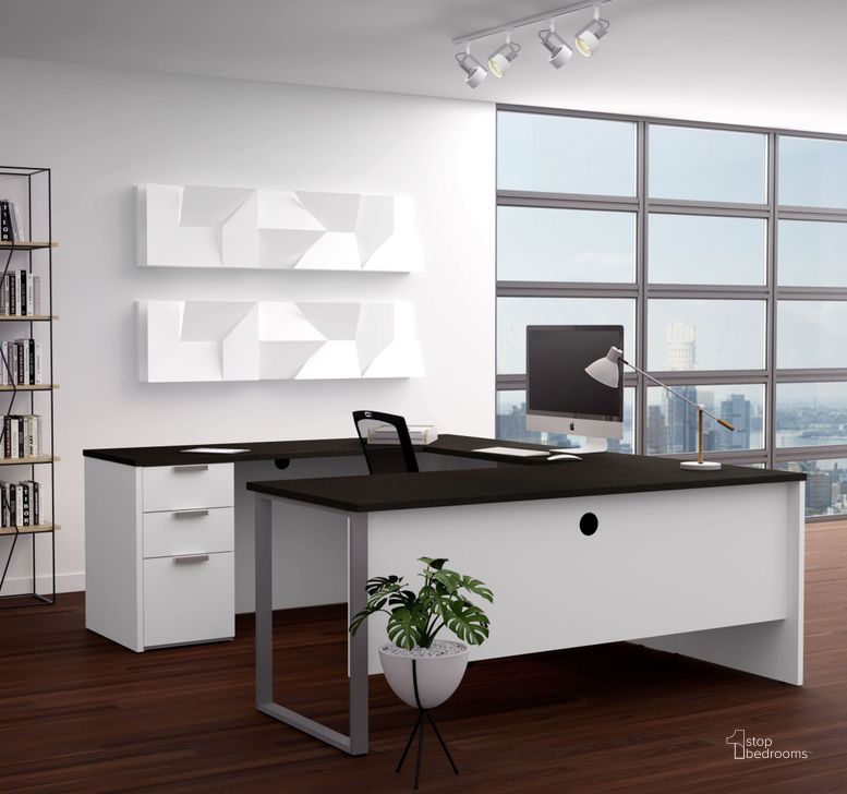 The appearance of Pro Concept Plus White and Deep Grey U Desk designed by Bestar in the modern / contemporary interior design. This white and gray piece of furniture  was selected by 1StopBedrooms from Pro Concept Plus Collection to add a touch of cosiness and style into your home. Sku: 110888-17. Material: Wood. Product Type: Desk. Image1