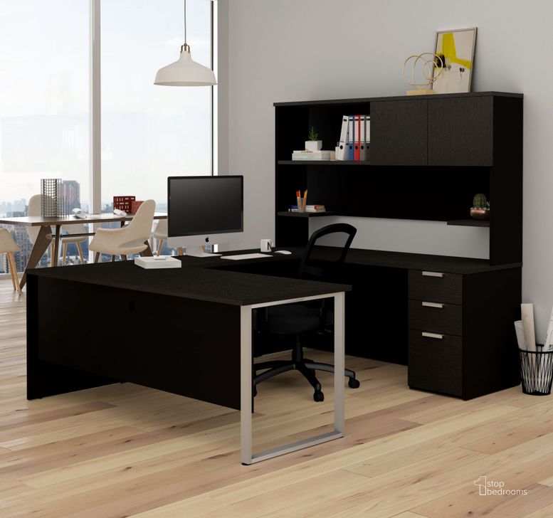 The appearance of Pro Concept Plus Deep Grey and Black U Desk with Hutch designed by Bestar in the modern / contemporary interior design. This black piece of furniture  was selected by 1StopBedrooms from Pro Concept Plus Collection to add a touch of cosiness and style into your home. Sku: 110889-32. Material: Wood. Product Type: Desk & Hutch. Image1
