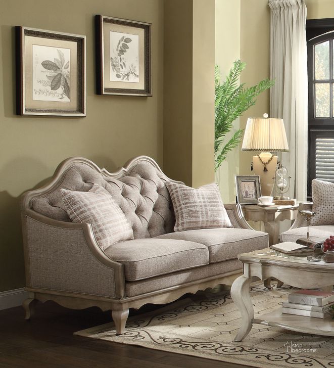 The appearance of Acme Chelmsford Loveseat in Beige designed by ACME in the transitional interior design. This beige piece of furniture  was selected by 1StopBedrooms from Chelmsford Collection to add a touch of cosiness and style into your home. Sku: 56051. Material: Fabric. Product Type: Loveseat. Key Features: Tufted. Image1