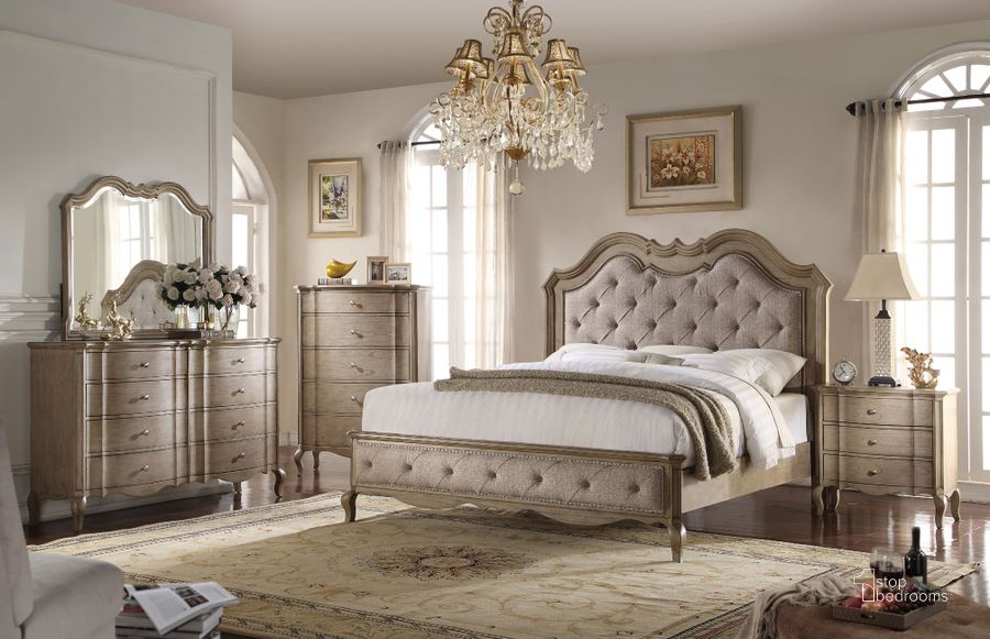 The appearance of Acme Chelmsford Upholstered Bedroom Set in Antique Taupe designed by ACME in the transitional interior design. This beige piece of furniture  was selected by 1StopBedrooms from Chelmsford Collection to add a touch of cosiness and style into your home. Sku: 26050Q-HB;26051Q-FB;26052Q-R;26053. Bed Type: Panel Bed. Material: Fabric. Product Type: Panel Bed. Bed Size: King. Image1
