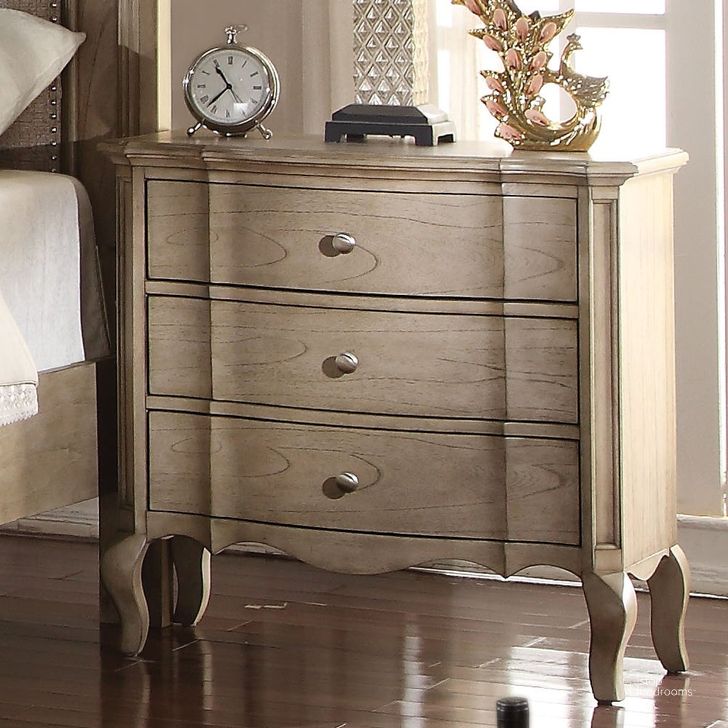 The appearance of Acme Chelmsford 3-Drawer Nightstand in Antique Taupe designed by ACME in the transitional interior design. This brown piece of furniture  was selected by 1StopBedrooms from Chelmsford Collection to add a touch of cosiness and style into your home. Sku: 26053. Material: Wood. Product Type: Nightstand. Image1