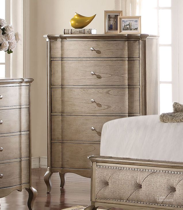 The appearance of Acme Chelmsford 5-Drawer Chest in Antique Taupe designed by ACME in the transitional interior design. This brown piece of furniture  was selected by 1StopBedrooms from Chelmsford Collection to add a touch of cosiness and style into your home. Sku: 26056. Material: Wood. Product Type: Chest. Image1