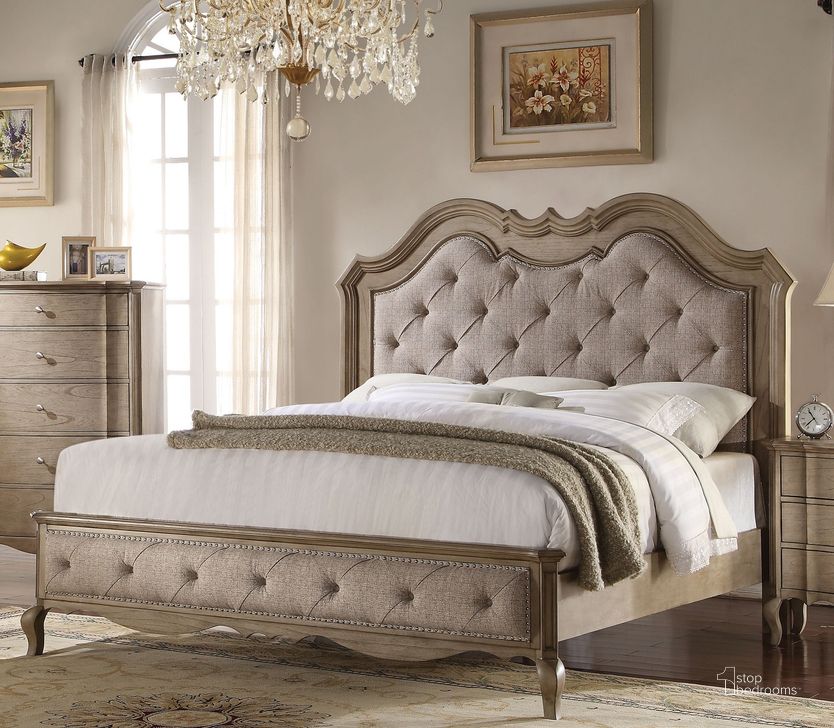 The appearance of Acme Chelmsford Queen Upholstered Bed in Antique Taupe designed by ACME in the transitional interior design. This beige piece of furniture  was selected by 1StopBedrooms from Chelmsford Collection to add a touch of cosiness and style into your home. Sku: 26050Q-HB;26051Q-FB;26052Q-R. Bed Type: Panel Bed. Material: Fabric. Product Type: Panel Bed. Bed Size: Queen. Image1