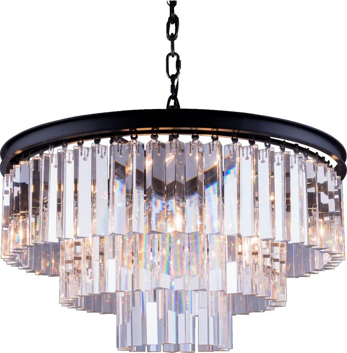 The appearance of Sydney 26 Matte Black 9 Light Chandelier With Clear Royal Cut Crystal Trim designed by Elegant Lighting in the glam interior design. This black piece of furniture  was selected by 1StopBedrooms from Sydney Collection to add a touch of cosiness and style into your home. Sku: 1201D26MB/RC. Material: Steel. Product Type: Chandelier.