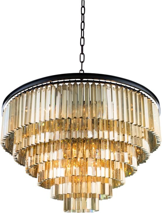 The appearance of Sydney 44 Matte Black 33 Light Chandelier With Golden Teak Royal Cut Crystal Trim designed by Elegant Lighting in the transitional interior design. This gold piece of furniture  was selected by 1StopBedrooms from Sydney Collection to add a touch of cosiness and style into your home. Sku: 1201D44MB-GT/RC. Material: Steel. Product Type: Chandelier.