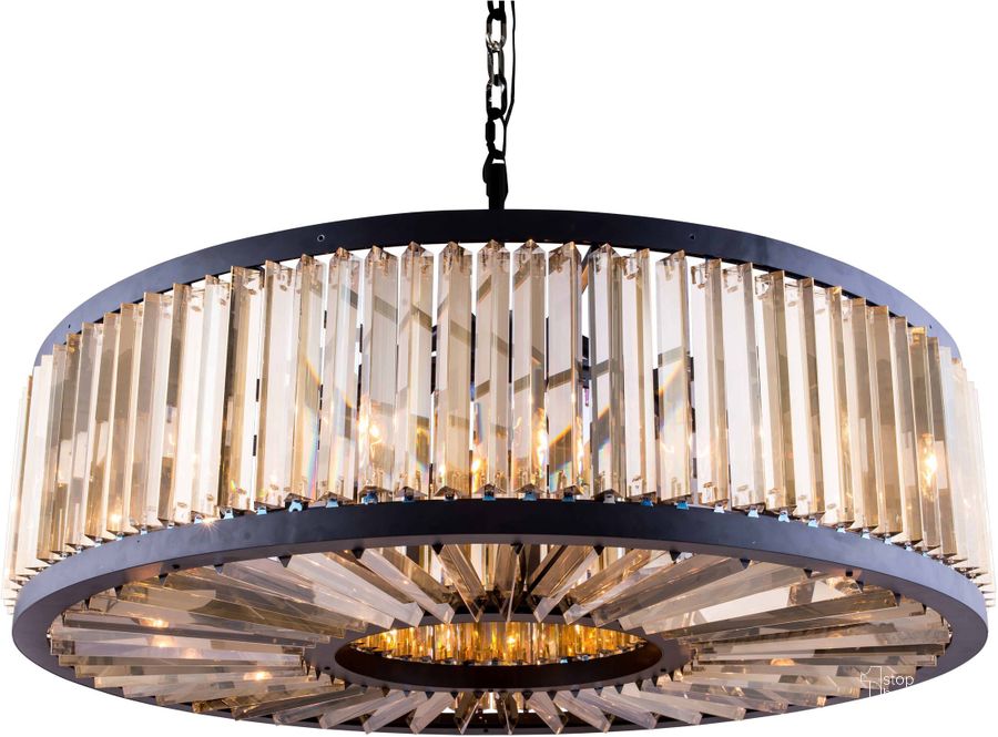 The appearance of Chelsea 43.5 Matte Black 10 Light Chandelier With Golden Teak Royal Cut Crystal Trim designed by Elegant Lighting in the glam interior design. This black piece of furniture  was selected by 1StopBedrooms from Chelsea Collection to add a touch of cosiness and style into your home. Sku: 1203G43MB-GT/RC. Material: Steel. Product Type: Chandelier.