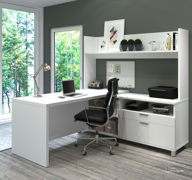 The appearance of Pro Linea White L Desk with Open Hutch designed by Bestar in the modern / contemporary interior design. This white piece of furniture  was selected by 1StopBedrooms from Pro Linea Collection to add a touch of cosiness and style into your home. Sku: 120886-17. Material: Wood. Product Type: Desk Hutch. Image1