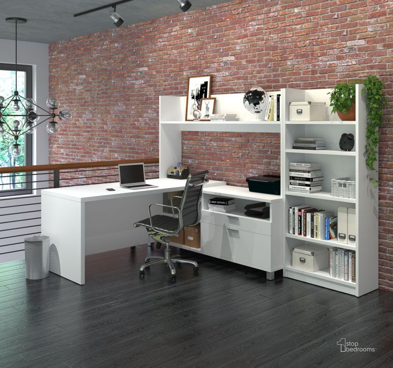 The appearance of Pro Linea White L Desk with Bookcase designed by Bestar in the modern / contemporary interior design. This white piece of furniture  was selected by 1StopBedrooms from Pro Linea Collection to add a touch of cosiness and style into your home. Sku: 120896-17. Material: Wood. Product Type: Desk. Image1