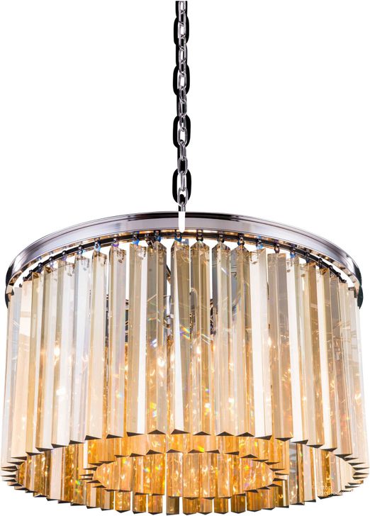 The appearance of Sydney 26 Polished nickel 8 Light Chandelier With Golden Teak Royal Cut Crystal Trim designed by Elegant Lighting in the glam interior design. This silver piece of furniture  was selected by 1StopBedrooms from Sydney Collection to add a touch of cosiness and style into your home. Sku: 1208D26PN-GT/RC. Material: Steel. Product Type: Chandelier.