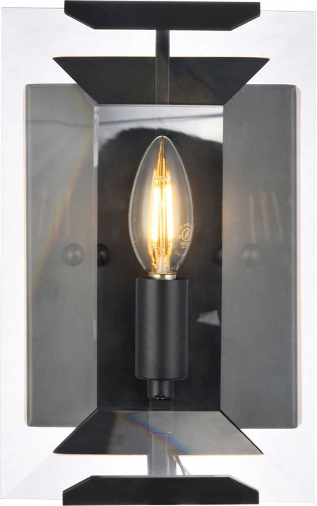 The appearance of Monaco 6" Flat Matte Black 1 Light Wall Sconce Glass Crystal Trim designed by Elegant Lighting in the transitional interior design. This black piece of furniture  was selected by 1StopBedrooms from Monaco Collection to add a touch of cosiness and style into your home. Sku: 1212W6FB. Material: Metal. Product Type: Wall Sconce. Image1