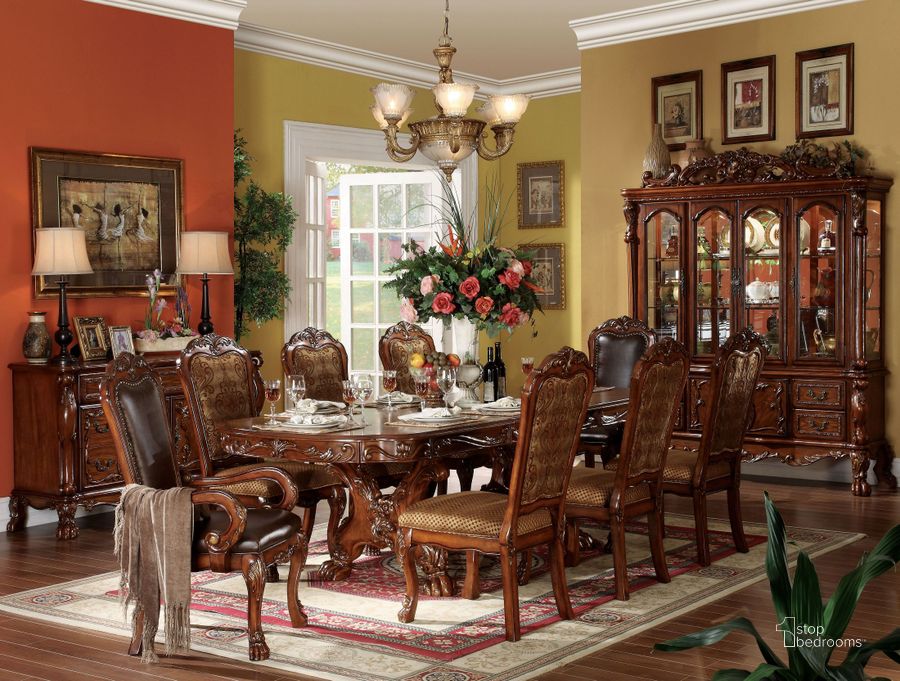 The appearance of Dresden Cherry Oak Double Pedestal Extendable Dining Room Set designed by ACME in the transitional interior design. This brown piece of furniture  was selected by 1StopBedrooms from Dresden Collection to add a touch of cosiness and style into your home. Sku: 12150T;12151ST;60012. Material: Wood. Product Type: Dining Room Set. Table Top Shape: Rectangular. Image1