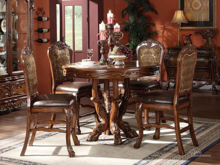 The appearance of Acme Dresden 5 pc Round Counter Height Dining Table Set in Brown Cherry Oak designed by ACME in the transitional interior design. This brown cherry piece of furniture  was selected by 1StopBedrooms from Dresden Collection to add a touch of cosiness and style into your home. Sku: 12160T;12161ST;12162. Table Top Style: Wood. Table Top Shape: Round. Material: Wood. Product Type: Formal Dining Set. Image1
