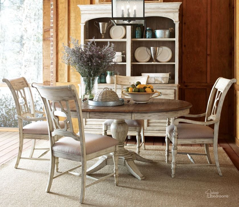 The appearance of Weatherford Cornsilk Milford Round Dining Room Set designed by Kincaid in the transitional interior design. This cream piece of furniture  was selected by 1StopBedrooms from Weatherford Collection to add a touch of cosiness and style into your home. Sku: 75-052P;75-065. Table Base Style: Pedestal. Table Top Shape: Round. Material: Wood. Product Type: Dining Room Set. Image1