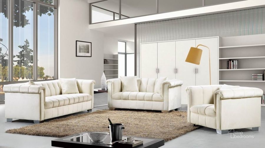 The appearance of Meridian Kayla 2 Piece Living Room Set in Cream designed by Meridian in the modern / contemporary interior design. This cream piece of furniture  was selected by 1StopBedrooms from Kayla Collection to add a touch of cosiness and style into your home. Sku: 615Cream-S;615Cream-L. Material: Upholstered. Product Type: Living Room Set. Image1