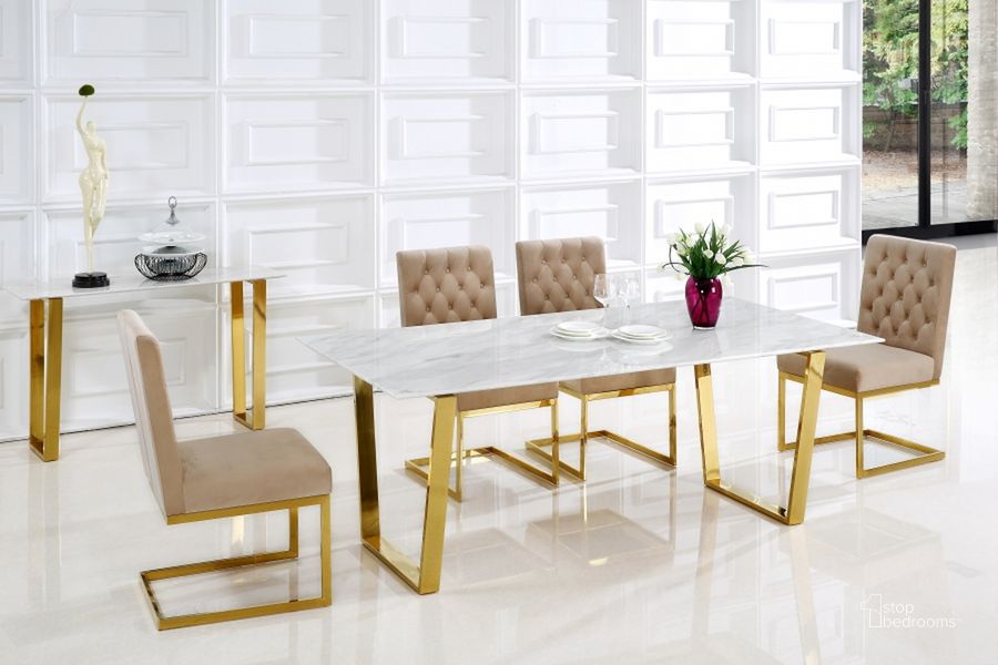 The appearance of Meridian Furniture Cameron 5pcs Dining Room Set in Rich Gold Stainless Steel designed by Meridian in the modern / contemporary interior design. This beige piece of furniture  was selected by 1StopBedrooms from Cameron Collection to add a touch of cosiness and style into your home. Sku: 712-T-1;712-T-2;712BE-C. Table Base Style: Double Pedestal. Product Type: Casual Dining Set. Table Top Shape: Rectangular. Material: Casual. Image1