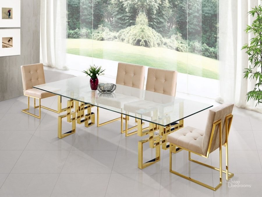 The appearance of Meridian Furniture Pierre 5pcs Dining Room Set in Rich Gold Stainless Steel designed by Meridian in the modern / contemporary interior design. This beige piece of furniture  was selected by 1StopBedrooms from Pierre Collection to add a touch of cosiness and style into your home. Sku: 714-T-1;714-T-2;714BE-C. Table Base Style: Double Pedestal. Product Type: Casual Dining Set. Table Top Shape: Rectangular. Material: Casual. Image1
