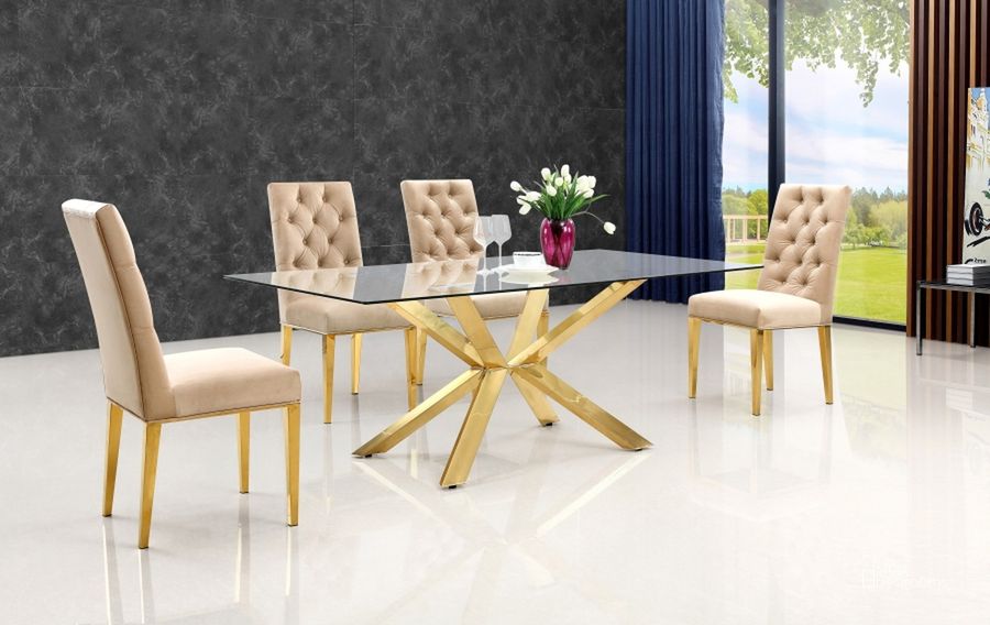 The appearance of Meridian Furniture Capri 5pcs Dining Room Set in Rich Gold Stainless Steel designed by Meridian in the modern / contemporary interior design. This beige piece of furniture  was selected by 1StopBedrooms from Capri Collection to add a touch of cosiness and style into your home. Sku: 716-T-1;716-T-2;716BE-C. Table Base Style: Trestle. Product Type: Casual Dining Set. Table Top Shape: Rectangular. Material: Casual. Image1