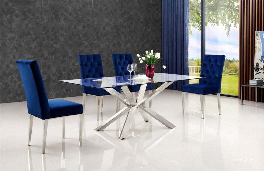 The appearance of Meridian Furniture Juno 5pcs Dining Room Set in Rich Chrome Stainless Steel designed by Meridian in the modern / contemporary interior design. This chrome piece of furniture  was selected by 1StopBedrooms from Juno Collection to add a touch of cosiness and style into your home. Sku: 732-T-1;732-T-2;732Navy-C. Table Base Style: Trestle. Product Type: Casual Dining Set. Table Top Shape: Rectangular. Material: Casual. Image1