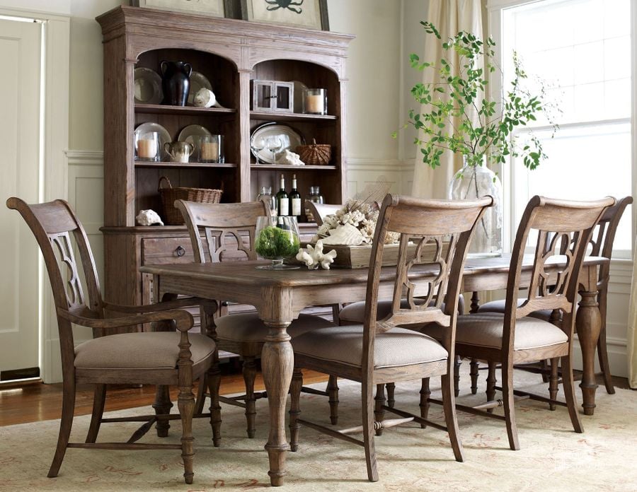 The appearance of Weatherford Heather Canterbury Extendable Dining Room Set designed by Kincaid in the transitional interior design. This brown piece of furniture  was selected by 1StopBedrooms from Weatherford Collection to add a touch of cosiness and style into your home. Sku: 76-054;76-065. Table Base Style: Legs. Material: Wood. Product Type: Dining Room Set. Table Top Shape: Rectangular. Image1