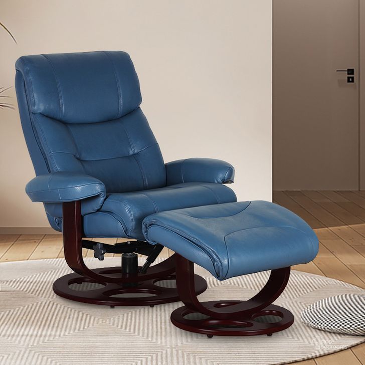 The appearance of 15-8038 Dawson Swivel Pedestal Recliner With Ottoman In Roman Blue designed by BarcaLounger in the transitional interior design. This blue piece of furniture  was selected by 1StopBedrooms from Dawson Collection to add a touch of cosiness and style into your home. Sku: 158038376046. Product Type: Recliner. Material: Leather Match. Image1
