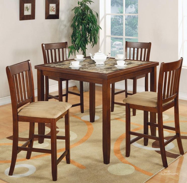 The appearance of Normandie Cherry 5 Pcs Counter Height Dining Room Set designed by Coaster in the transitional interior design. This brown piece of furniture  was selected by 1StopBedrooms from Normandie Collection to add a touch of cosiness and style into your home. Sku: 150154. Product Type: Casual Dining Set. Table Top Shape: Rectangular. Material: Casual. Image1