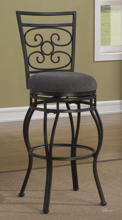 The appearance of Scroll Back 26" Metal Frame Stool designed by American Woodcrafters in the traditional interior design. This gray piece of furniture  was selected by 1StopBedrooms from Scroll Collection to add a touch of cosiness and style into your home. Sku: B1-151-26F. Material: Fabric. Product Type: Barstool. Image1