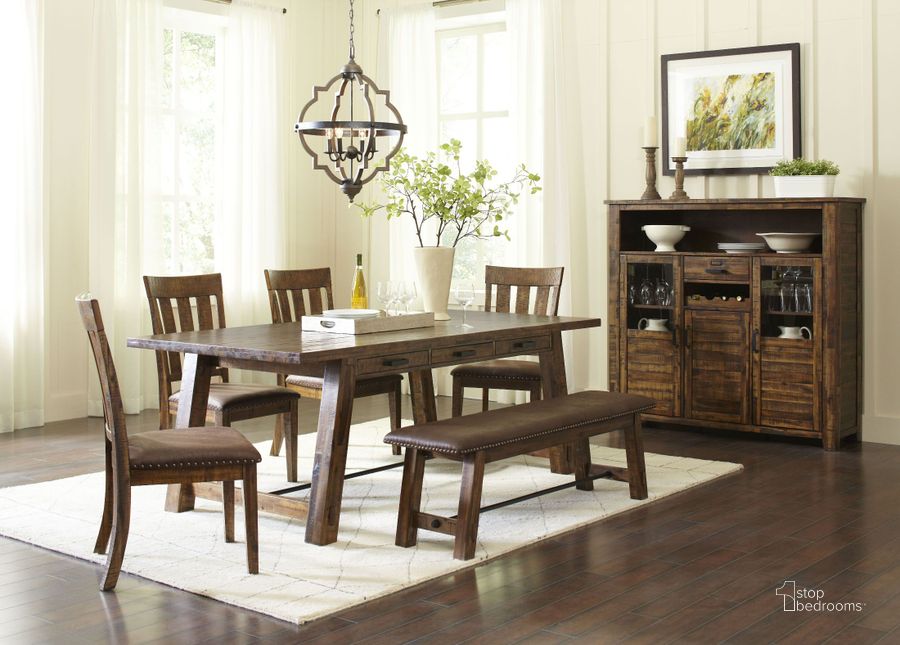 The appearance of Cannon Valley Brown Dining Room Set designed by Jofran in the transitional interior design. This brown piece of furniture  was selected by 1StopBedrooms from Cannon Valley Collection to add a touch of cosiness and style into your home. Sku: 1511-82;1511-392KD. Table Base Style: Trestle. Material: Wood. Product Type: Dining Room Set. Table Top Shape: Rectangular. Image1