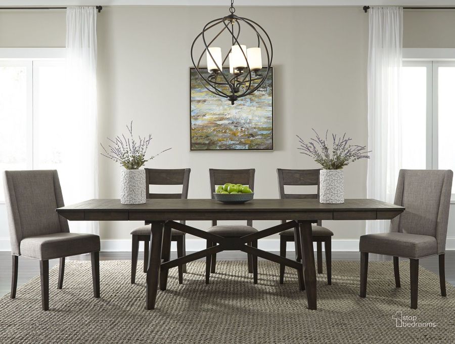 The appearance of Double Bridge Dark Chestnut Trestle Dining Room Set designed by Liberty in the transitional interior design. This brown piece of furniture  was selected by 1StopBedrooms from Bridge Collection to add a touch of cosiness and style into your home. Sku: 152-C2501S;152-C2501S;152-C2501S;152-C2501S;152-P3696;152-T3696;152-C2501S. Table Base Style: Trestle. Material: Wood. Product Type: Dining Room Set. Table Top Shape: Rectangular. Image1