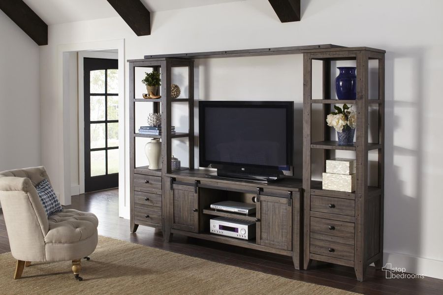 The appearance of Madison County Barnwood Media Wall designed by Jofran in the traditional interior design. This brown piece of furniture  was selected by 1StopBedrooms from Madison County Collection to add a touch of cosiness and style into your home. Sku: 1700-602282KT. Product Type: Entertainment Centers and Wall. Material: Pine. Image1