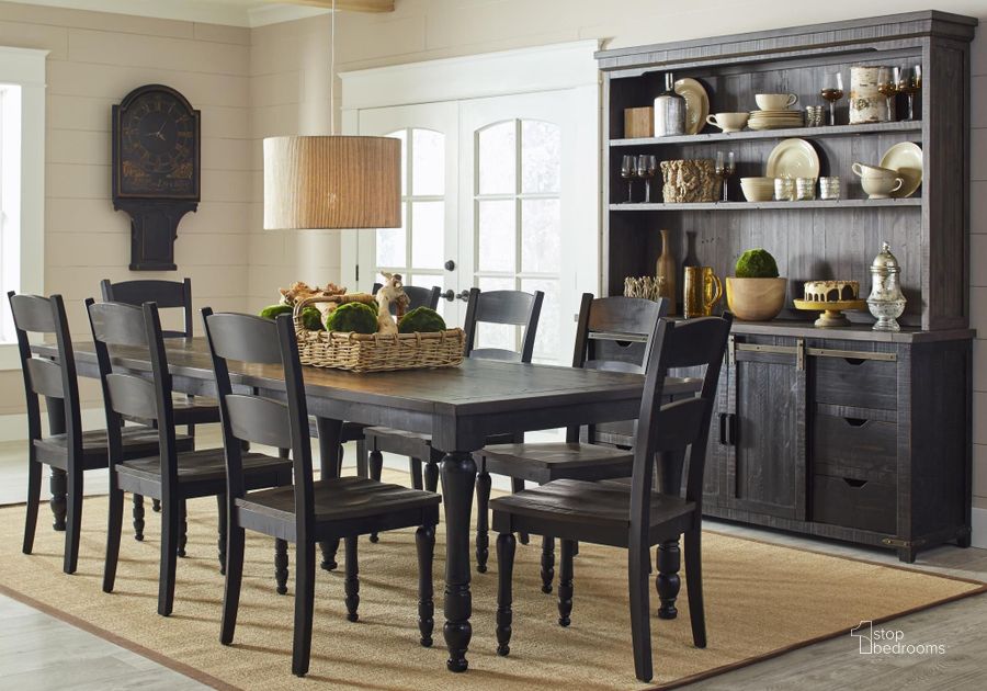 The appearance of Madison County Vintage Black Rectangular Extendable Dining Room Set designed by Jofran in the rustic / southwestern interior design. This black and brown piece of furniture  was selected by 1StopBedrooms from Madison County Collection to add a touch of cosiness and style into your home. Sku: 1702-106;1702-401KD. Table Base Style: Legs. Product Type: Dining Room Set. Table Top Shape: Rectangular. Material: Pine.