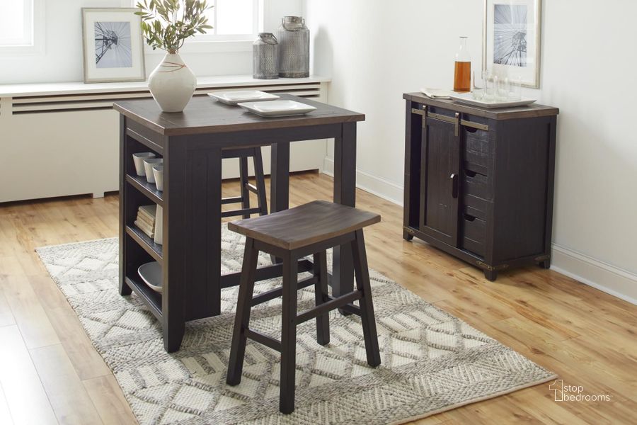 The appearance of Madison County Vintage Black 3 Pcs Counter Height Dining Set designed by Jofran in the traditional interior design. This black piece of furniture  was selected by 1StopBedrooms from Madison County Collection to add a touch of cosiness and style into your home. Sku: 1702-36. Product Type: Dining Room Set. Material: Pine. Image1