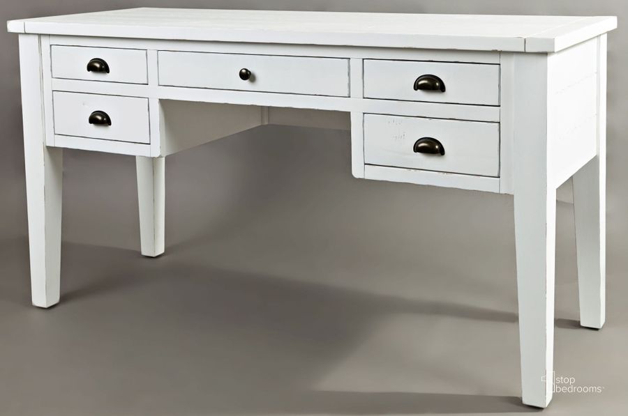 The appearance of Artisans Craft Weathered White 5 Drawer Desk designed by Jofran in the transitional interior design. This white piece of furniture  was selected by 1StopBedrooms from Artisan'S Craft Collection to add a touch of cosiness and style into your home. Sku: 1744-58. Material: Wood. Product Type: Writing Desk. Image1