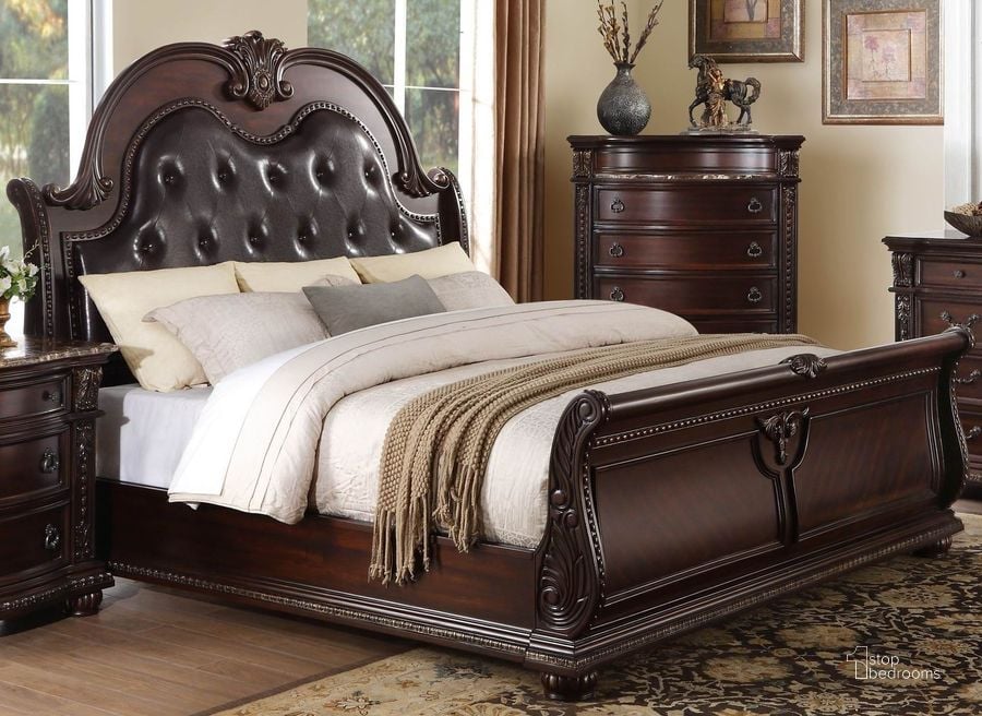 The appearance of Cavalier Dark Cherry Queen Sleigh Bed designed by Homelegance in the transitional interior design. This brown piece of furniture  was selected by 1StopBedrooms from Cavalier Collection to add a touch of cosiness and style into your home. Sku: 1757-1;1757-2;1757-3;1757-1P. Bed Type: Sleigh Bed. Product Type: Sleigh Bed. Bed Size: Queen. Image1