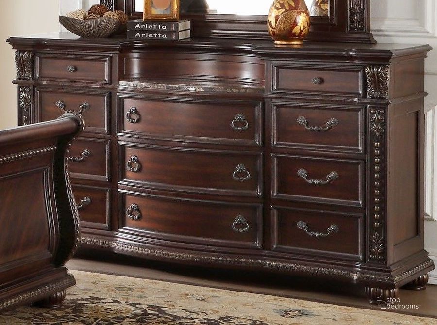 The appearance of Cavalier Dark Cherry Dresser designed by Homelegance in the transitional interior design. This brown piece of furniture  was selected by 1StopBedrooms from Cavalier Collection to add a touch of cosiness and style into your home. Sku: 1757-5. Material: Wood. Product Type: Dresser. Image1