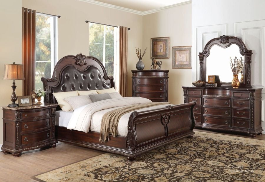 The appearance of Cavalier Dark Cherry Sleigh Bedroom Set designed by Homelegance in the transitional interior design. This brown piece of furniture  was selected by 1StopBedrooms from Cavalier Collection to add a touch of cosiness and style into your home. Sku: 1757-1;1757-2;1757-3;1757-1P;1757-4. Bed Type: Sleigh Bed. Material: Wood. Product Type: Sleigh Bed. Bed Size: Queen. Image1