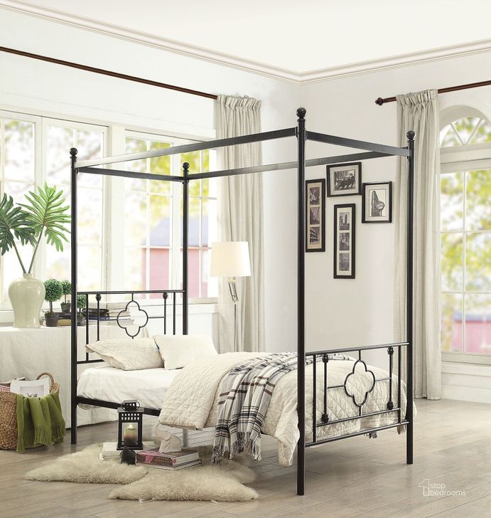 The appearance of Hosta Black Twin Metal Canopy Bed designed by Homelegance in the transitional interior design. This black piece of furniture  was selected by 1StopBedrooms from Hosta Collection to add a touch of cosiness and style into your home. Sku: 1758T-1. Bed Type: Canopy Bed. Material: Metal. Product Type: Canopy Bed. Bed Size: Twin. Image1