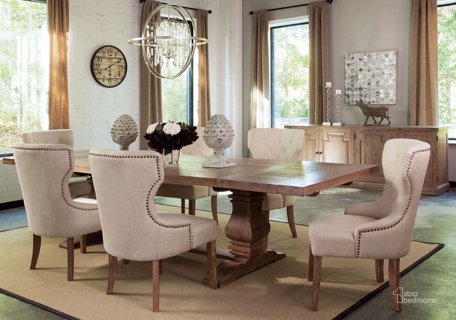 The appearance of Florence Warm Natural Extendable Rectangular Dining Room Set designed by Coaster in the transitional interior design. This brown piece of furniture  was selected by 1StopBedrooms from Florence Collection to add a touch of cosiness and style into your home. Sku: 180201B1;180201B2;104507. Table Base Style: Trestle. Material: Wood. Product Type: Dining Room Set. Table Top Shape: Rectangular. Image1
