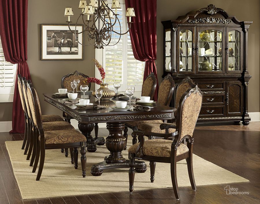 The appearance of Russian Hill Warm Cherry Extendable Dining Room Set designed by Homelegance in the traditional interior design. This brown piece of furniture  was selected by 1StopBedrooms from Russian Collection to add a touch of cosiness and style into your home. Sku: 1808-112;1808-112B;1808S. Table Base Style: Double Pedestal. Material: Wood. Product Type: Dining Room Set. Table Top Shape: Rectangular. Image1