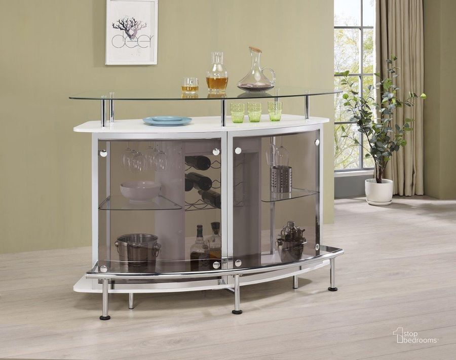 The appearance of 182235 White High Gloss Bar Unit Set designed by Coaster in the modern / contemporary interior design. This chrome piece of furniture  was selected by 1StopBedrooms from  to add a touch of cosiness and style into your home. Sku: 182235B1;182235B2;182176. Material: MDF. Product Type: Home Bar Set. Image1